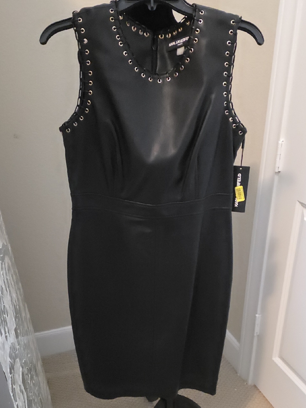 Karl Lagerfeld Black Sleeveless Eyelet-Trim Midi Faux Leather Dress